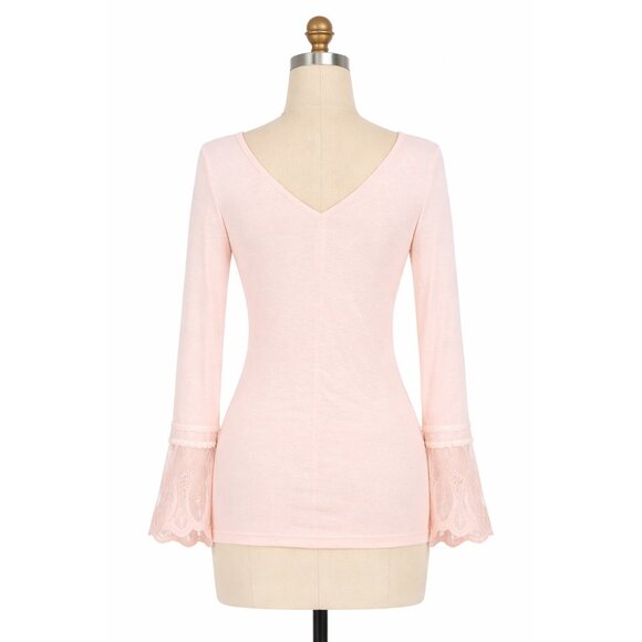 NWT Pale Pink Lace Bell Sleeve V-Neck Top | Balletcore Soft Girl Coquette Boho S - Picture 6 of 9